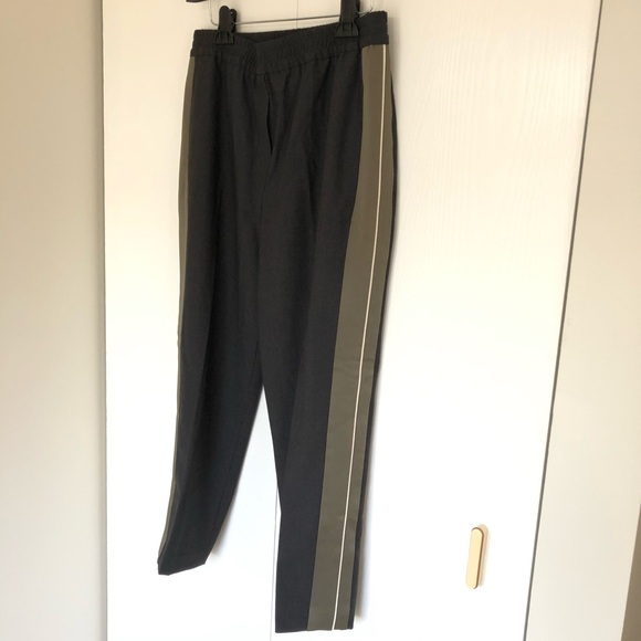 Brunello Cucinelli Wool charcoal black Slip On Pants frost green satin panel US8 - Picture 5 of 16